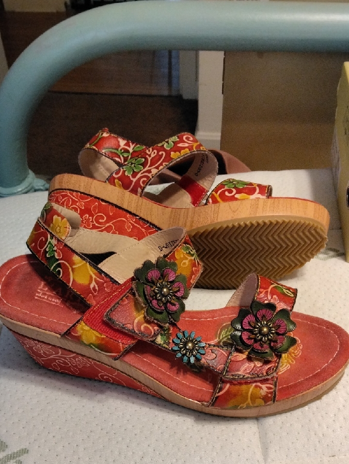 L'artiste Floral Embellished Red Leather Wedge Sandals